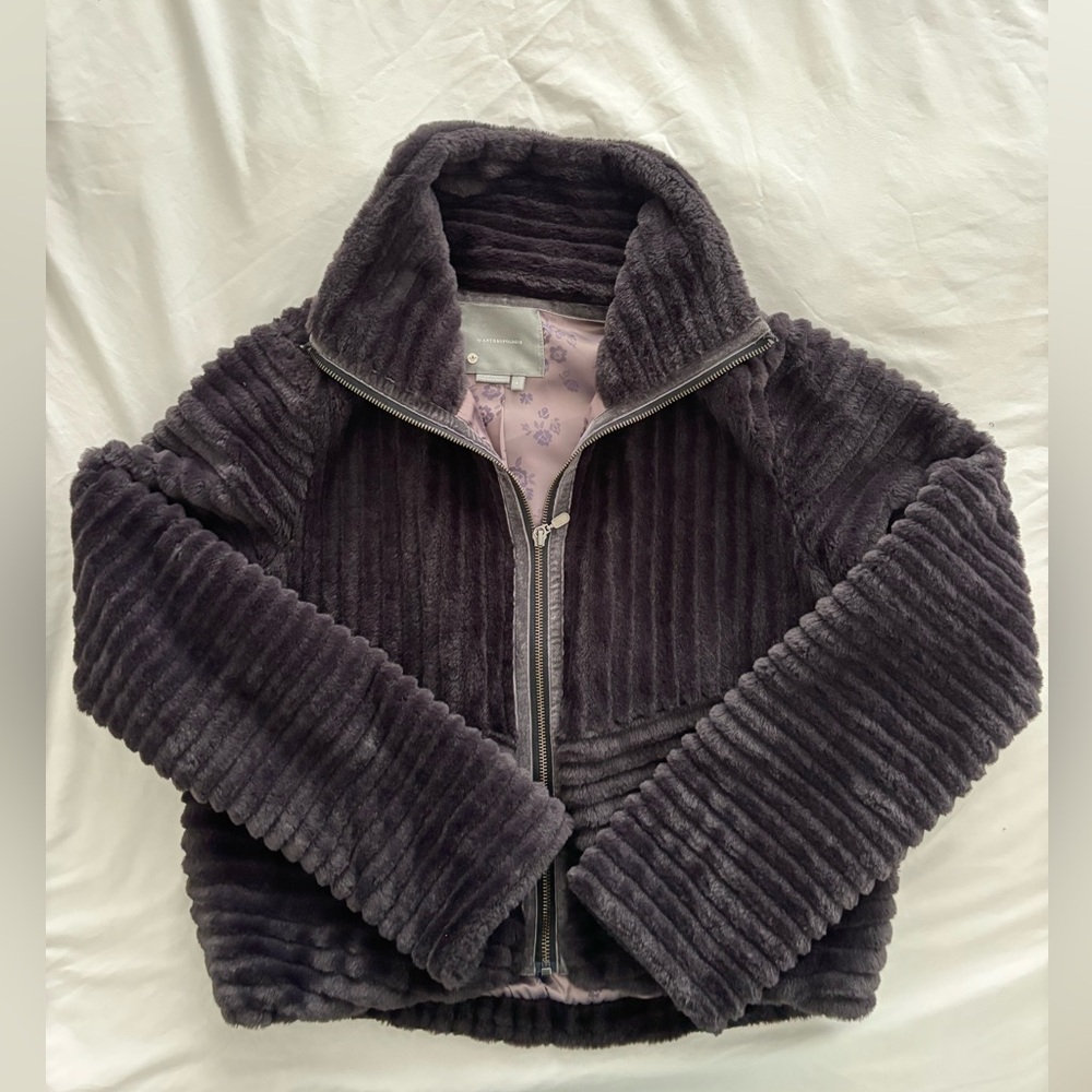 Anthropologie Faux Fur Bomber Jacket - Size Small / Aubergine